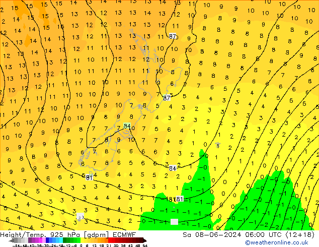 Geop./Temp. 925 hPa ECMWF sáb 08.06.2024 06 UTC