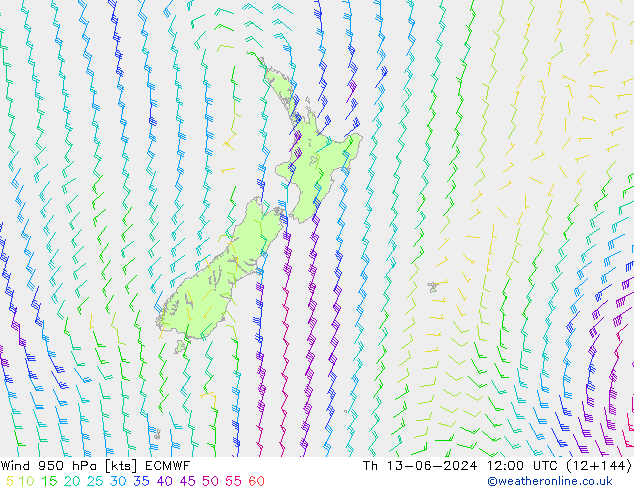 Wind 950 hPa ECMWF Čt 13.06.2024 12 UTC