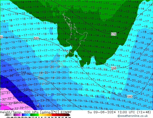 Height/Temp. 500 hPa ECMWF Su 09.06.2024 12 UTC