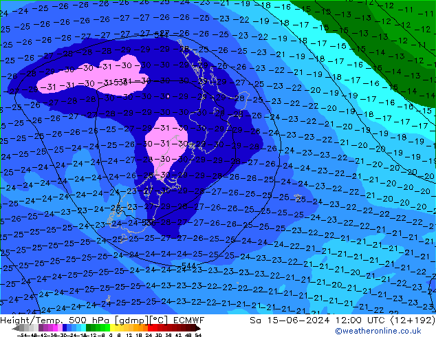 Z500/Rain (+SLP)/Z850 ECMWF Sa 15.06.2024 12 UTC