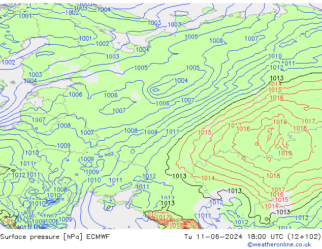 Atmosférický tlak ECMWF Út 11.06.2024 18 UTC