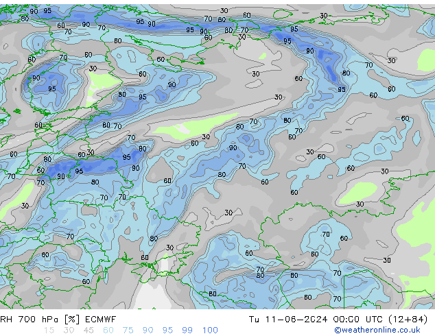 RH 700 hPa ECMWF Tu 11.06.2024 00 UTC