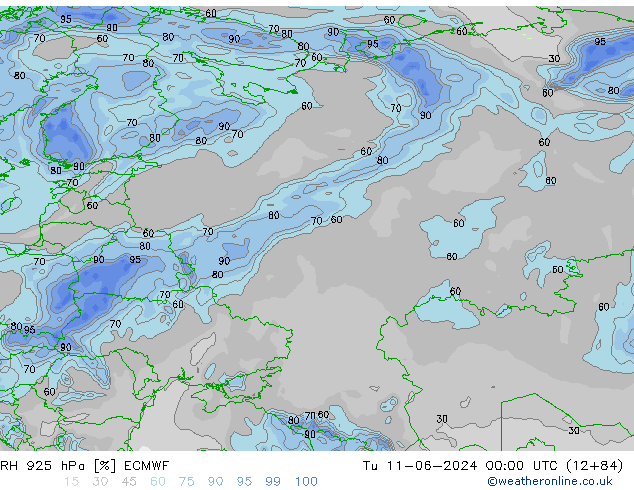 Humidité rel. 925 hPa ECMWF mar 11.06.2024 00 UTC