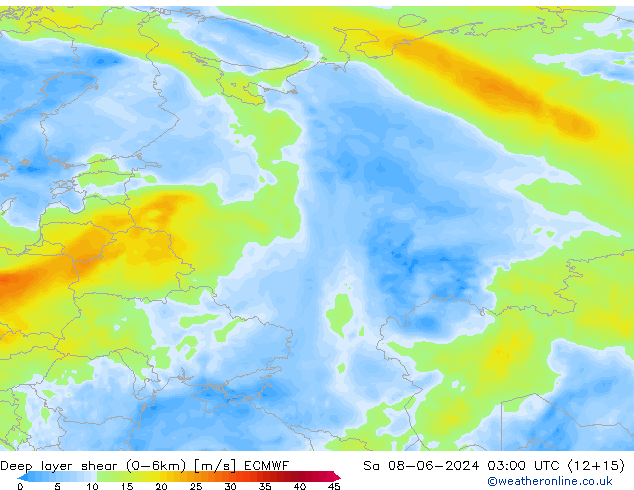 Deep layer shear (0-6km) ECMWF za 08.06.2024 03 UTC