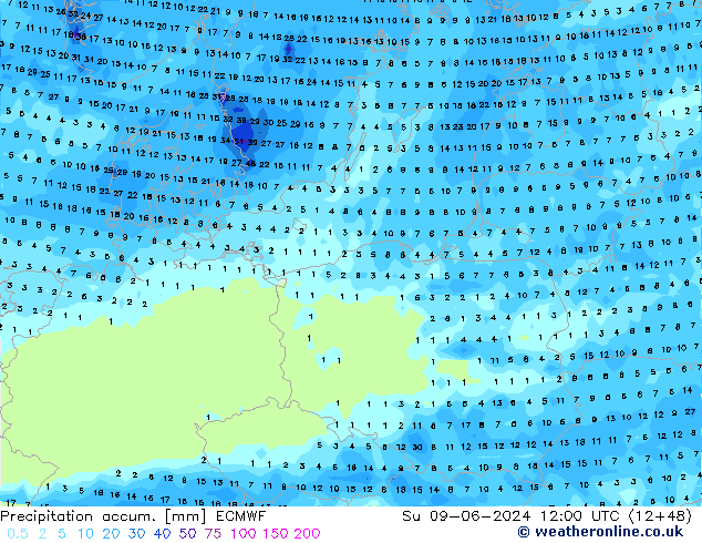 Precipitation accum. ECMWF nie. 09.06.2024 12 UTC