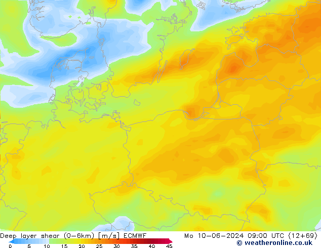 Deep layer shear (0-6km) ECMWF Po 10.06.2024 09 UTC