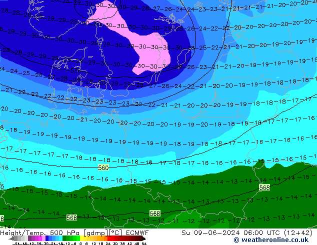 Z500/Rain (+SLP)/Z850 ECMWF Dom 09.06.2024 06 UTC