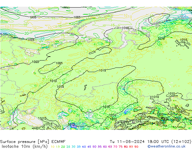 Isotachs (kph) ECMWF Tu 11.06.2024 18 UTC