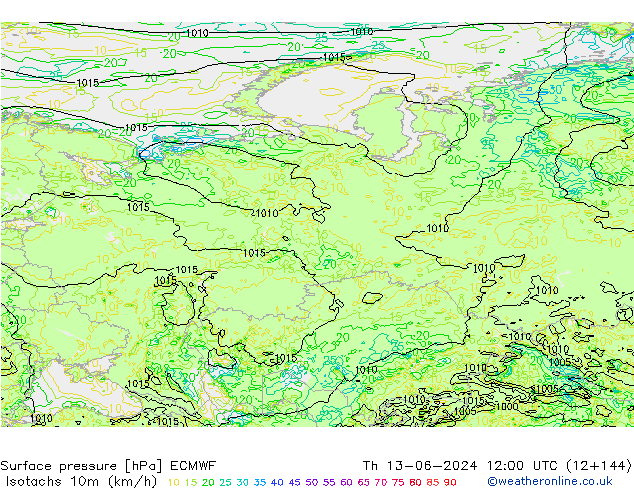 Izotacha (km/godz) ECMWF czw. 13.06.2024 12 UTC