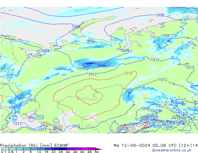 Precipitation (6h) ECMWF We 12.06.2024 06 UTC