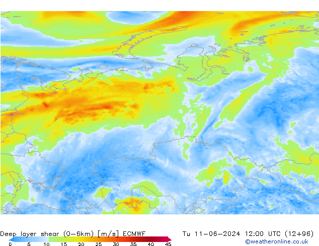 Deep layer shear (0-6km) ECMWF Di 11.06.2024 12 UTC