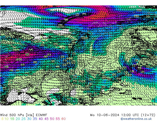 Wind 500 hPa ECMWF Mo 10.06.2024 12 UTC