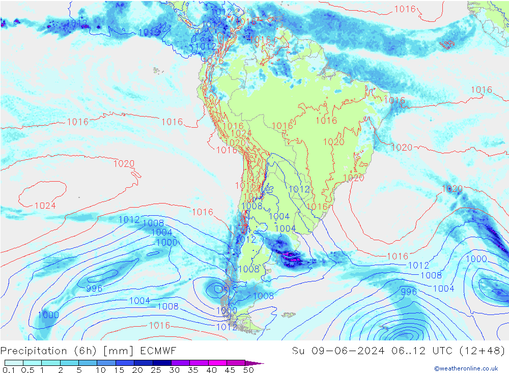 Precipitación (6h) ECMWF dom 09.06.2024 12 UTC
