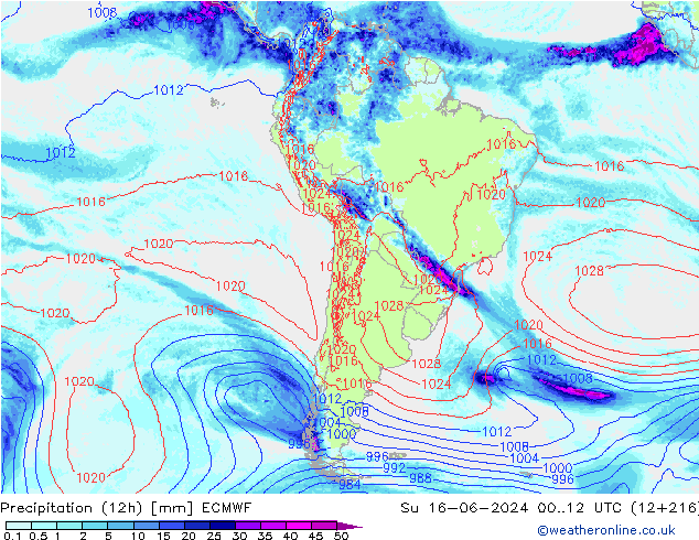 Precipitação (12h) ECMWF Dom 16.06.2024 12 UTC