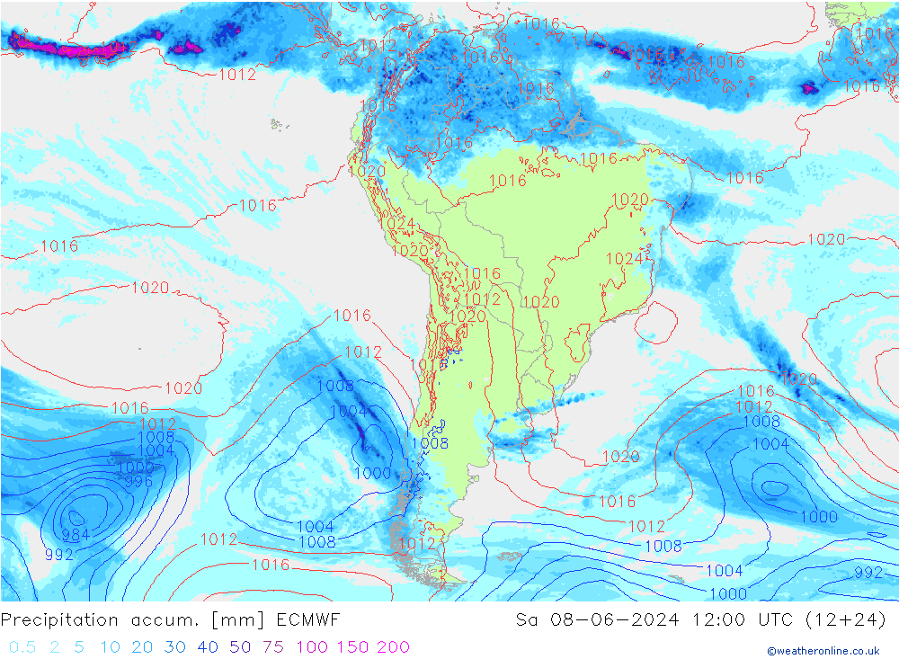 Precipitation accum. ECMWF Sa 08.06.2024 12 UTC