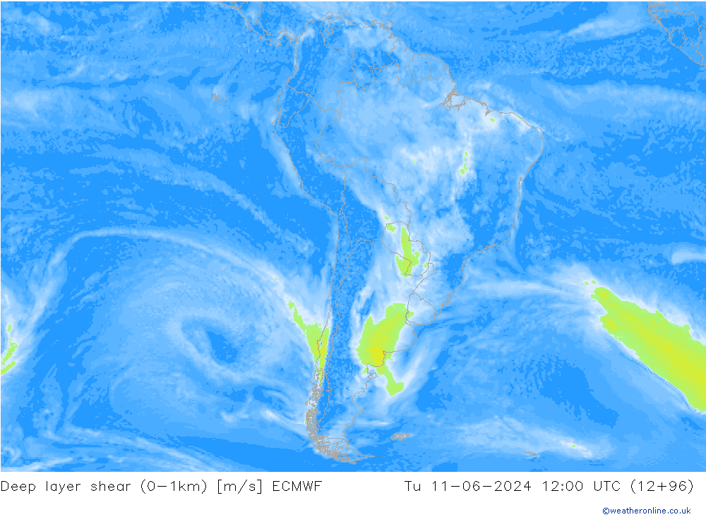 Deep layer shear (0-1km) ECMWF di 11.06.2024 12 UTC