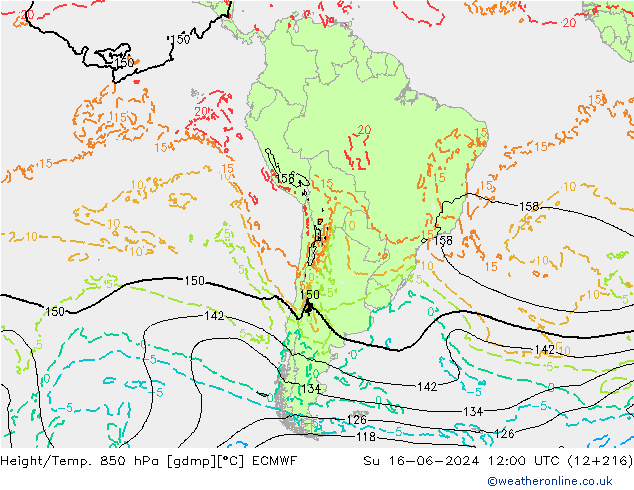 Z500/Yağmur (+YB)/Z850 ECMWF Paz 16.06.2024 12 UTC