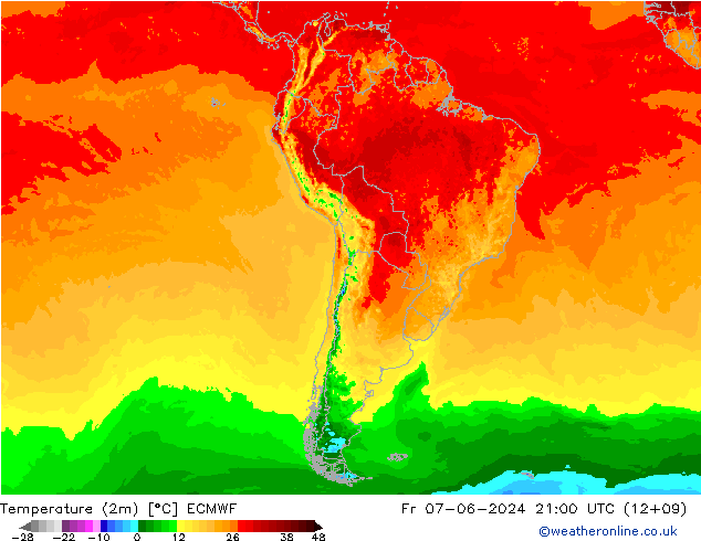 Temperatura (2m) ECMWF vie 07.06.2024 21 UTC