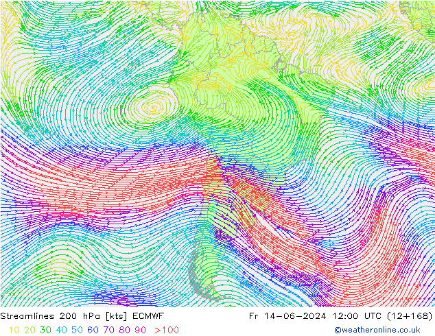 Streamlines 200 hPa ECMWF Fr 14.06.2024 12 UTC