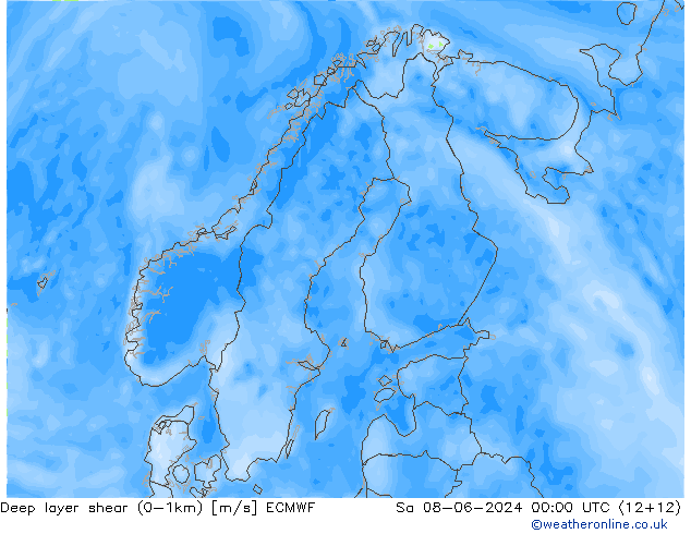 Deep layer shear (0-1km) ECMWF Sa 08.06.2024 00 UTC