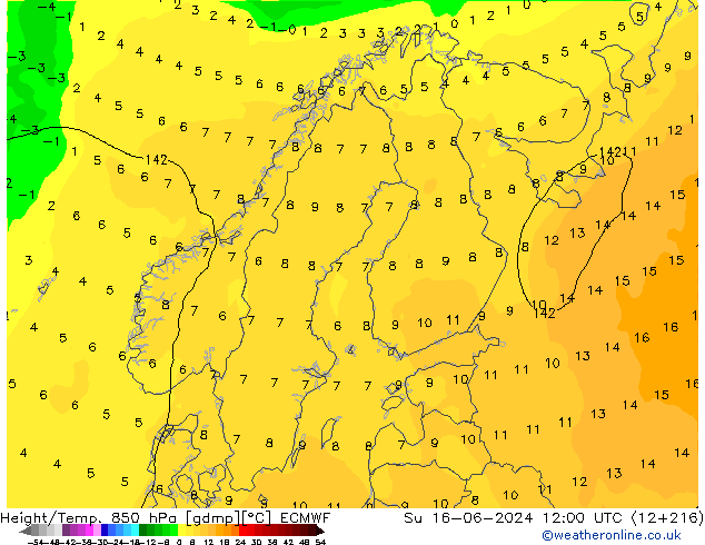 Hoogte/Temp. 850 hPa ECMWF zo 16.06.2024 12 UTC