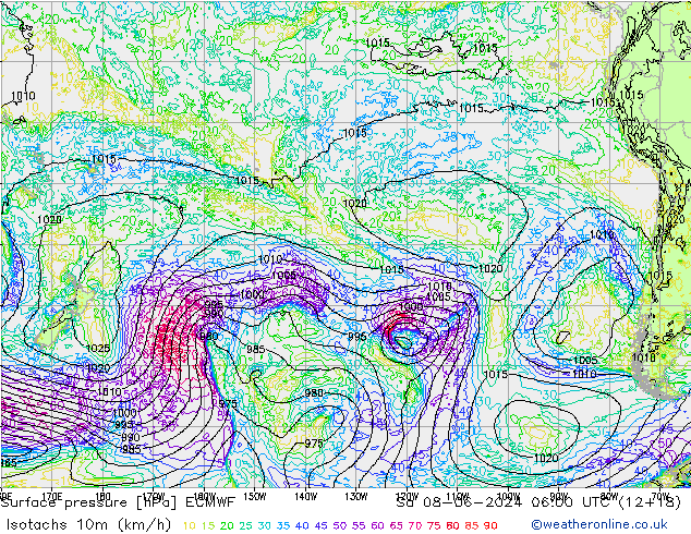 Isotachs (kph) ECMWF Sa 08.06.2024 06 UTC