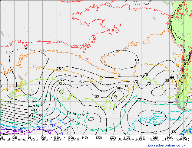 Height/Temp. 925 hPa ECMWF Sa 08.06.2024 12 UTC