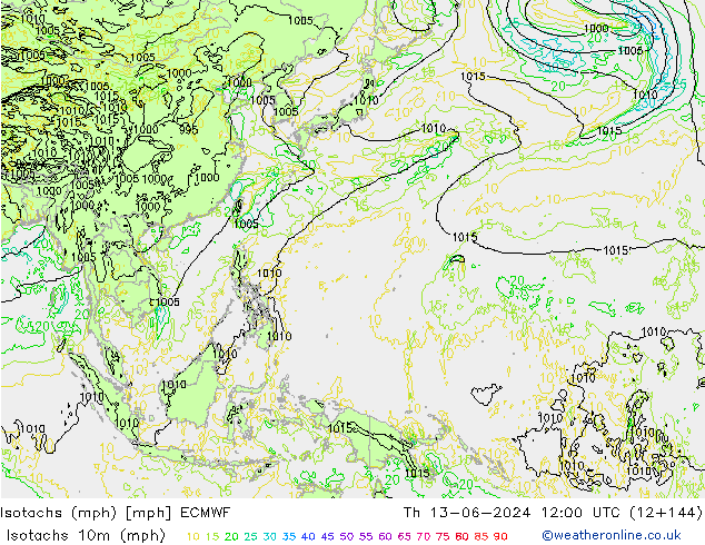 Isotachs (mph) ECMWF чт 13.06.2024 12 UTC