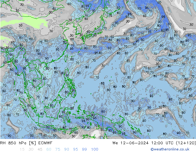 Humidité rel. 850 hPa ECMWF mer 12.06.2024 12 UTC