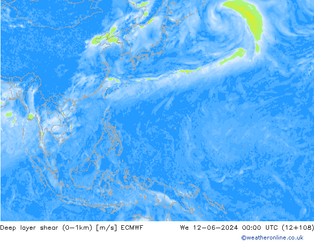 Deep layer shear (0-1km) ECMWF mer 12.06.2024 00 UTC