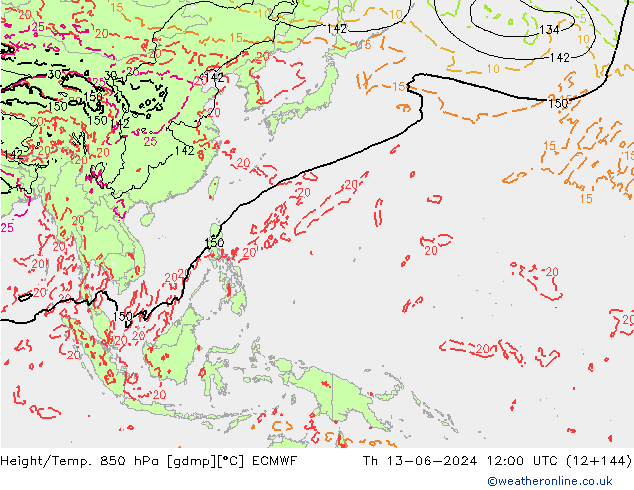 Height/Temp. 850 hPa ECMWF Qui 13.06.2024 12 UTC