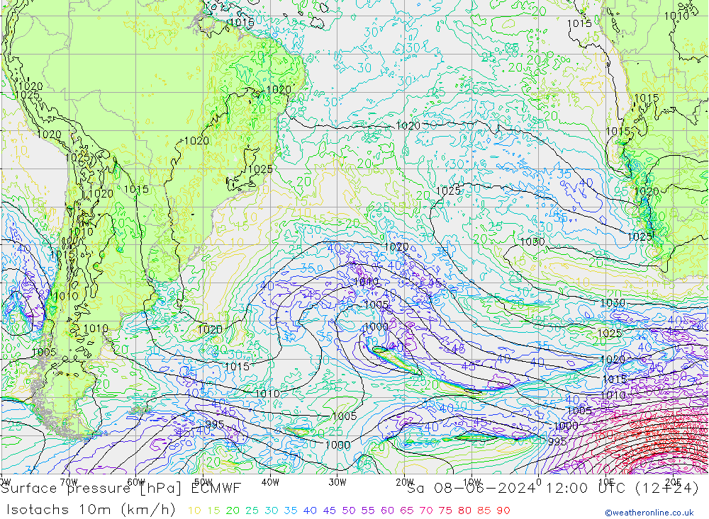 Isotachen (km/h) ECMWF za 08.06.2024 12 UTC