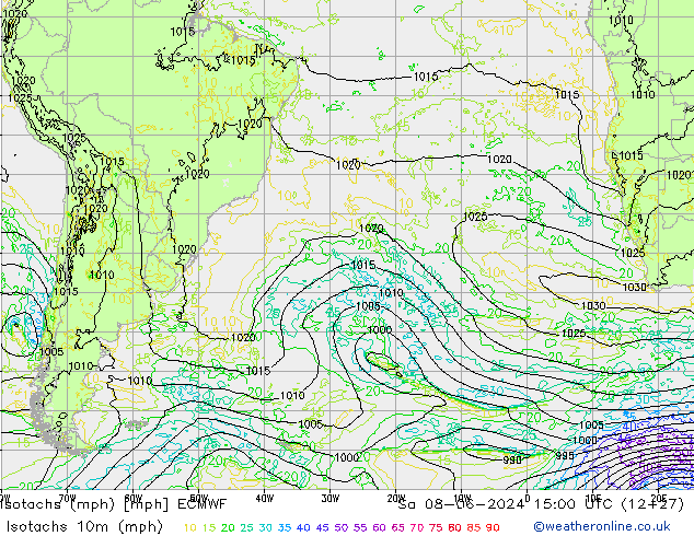 Isotachen (mph) ECMWF za 08.06.2024 15 UTC