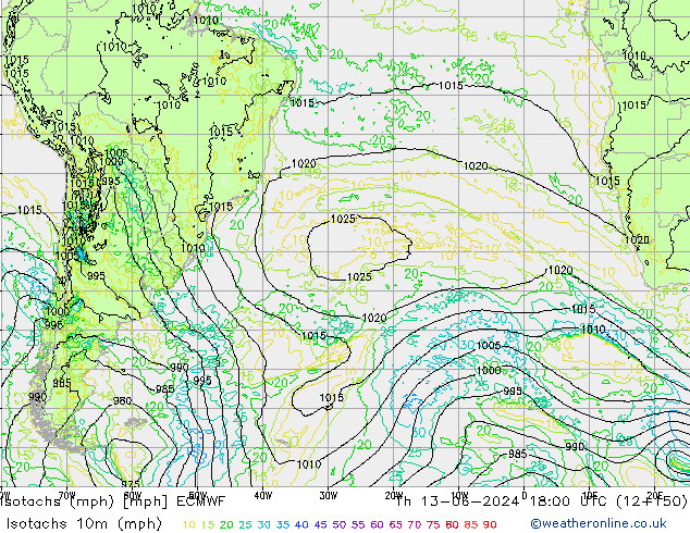 Isotachs (mph) ECMWF чт 13.06.2024 18 UTC