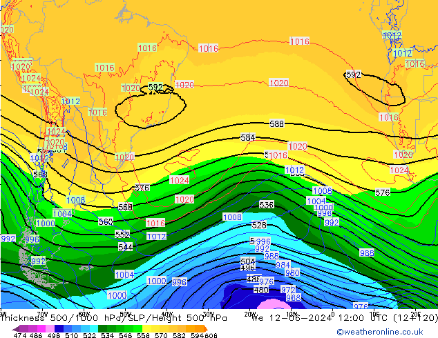 Espesor 500-1000 hPa ECMWF mié 12.06.2024 12 UTC