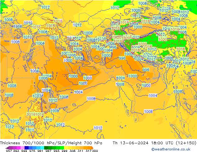 Thck 700-1000 hPa ECMWF czw. 13.06.2024 18 UTC