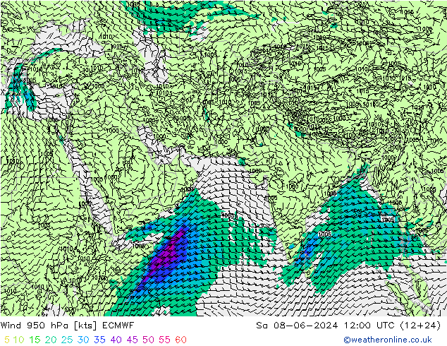 Vento 950 hPa ECMWF sab 08.06.2024 12 UTC