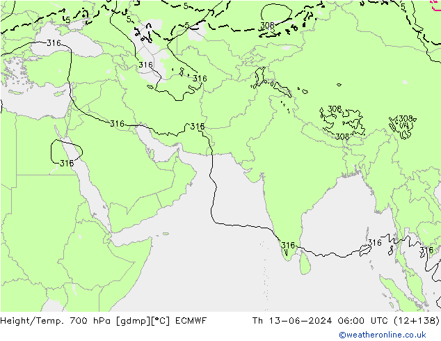 Height/Temp. 700 hPa ECMWF Qui 13.06.2024 06 UTC