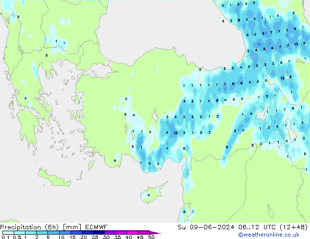 Precipitation (6h) ECMWF Su 09.06.2024 12 UTC