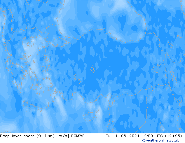 Deep layer shear (0-1km) ECMWF Tu 11.06.2024 12 UTC