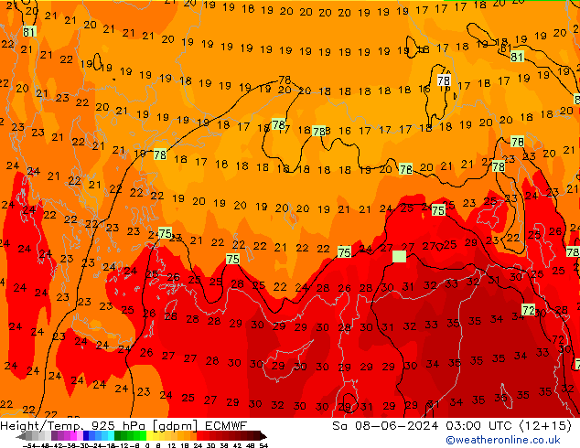 Height/Temp. 925 hPa ECMWF Sa 08.06.2024 03 UTC