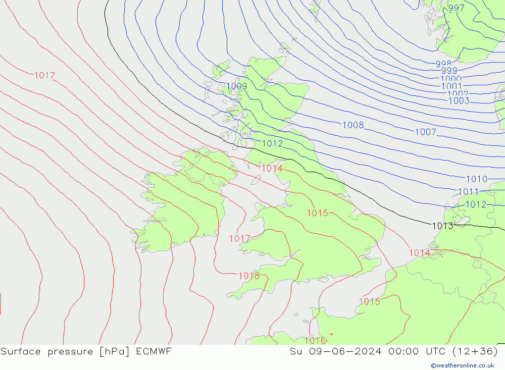 Atmosférický tlak ECMWF Ne 09.06.2024 00 UTC