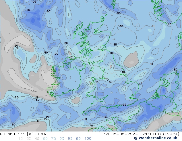 Humidité rel. 850 hPa ECMWF sam 08.06.2024 12 UTC