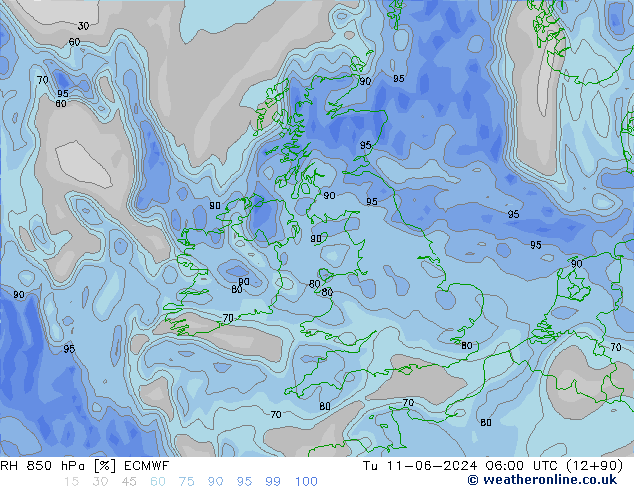 Humedad rel. 850hPa ECMWF mar 11.06.2024 06 UTC