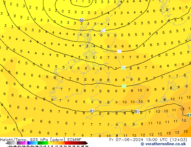 Geop./Temp. 925 hPa ECMWF vie 07.06.2024 15 UTC