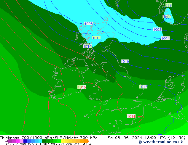 Thck 700-1000 hPa ECMWF Sáb 08.06.2024 18 UTC