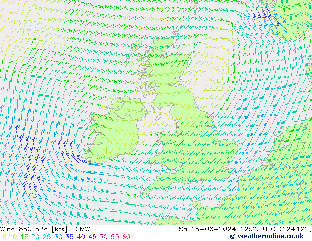 wiatr 850 hPa ECMWF so. 15.06.2024 12 UTC