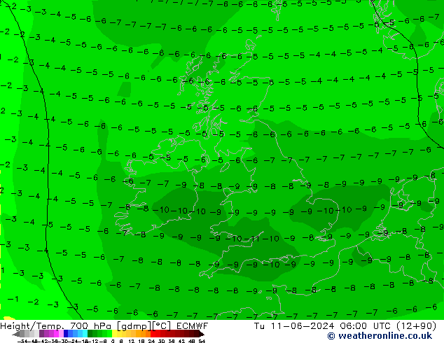 Geop./Temp. 700 hPa ECMWF mar 11.06.2024 06 UTC