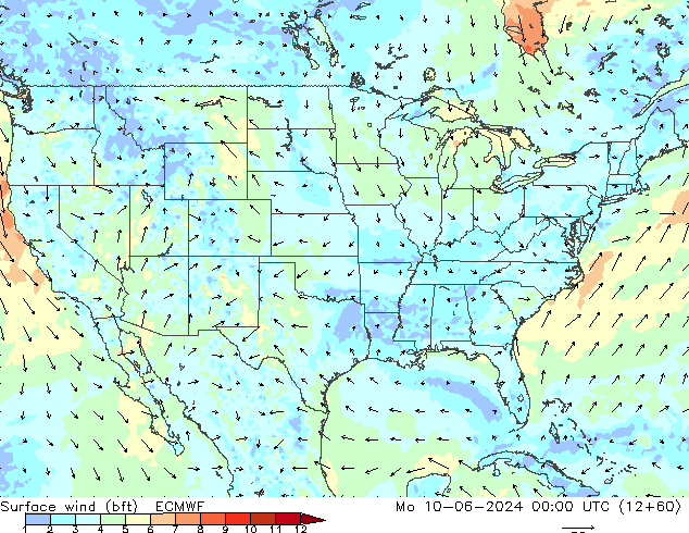 Viento 10 m (bft) ECMWF lun 10.06.2024 00 UTC