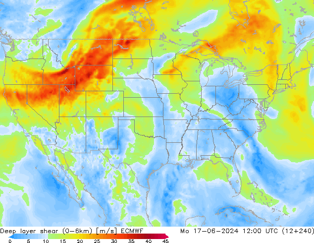 Deep layer shear (0-6km) ECMWF Mo 17.06.2024 12 UTC